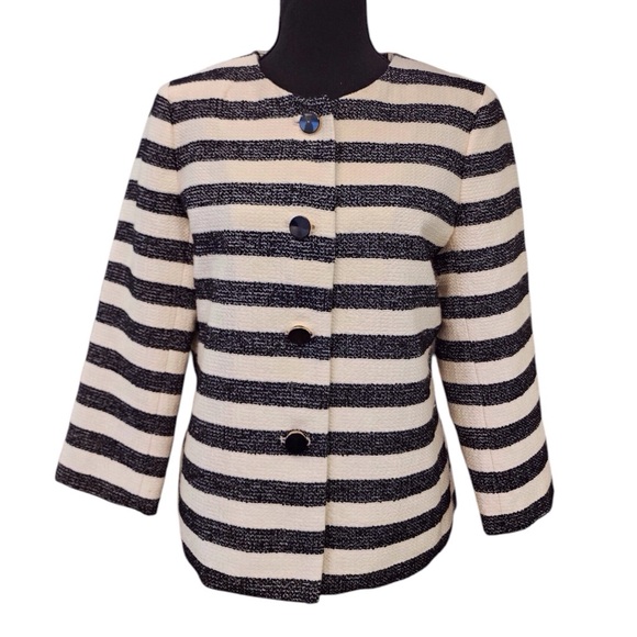 Talbots Jackets & Blazers - TALBOTS Tweed Woven Blazer Jacket 8 Ladies Cream Black Striped Work Career Coat